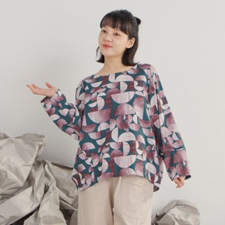 【MOSS CLUB】 半圓棉質印花繭型長袖上衣 綠 咖