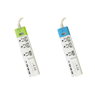 【日本 AIWA愛華】USB 6.2 A 家用智慧延長線插座 (6尺) ACE-4331 (綠/藍)