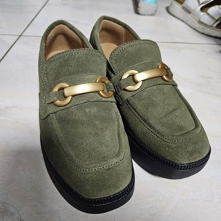 原價$6950 Fitflop F-LUMA 馬銜扣 麂皮方頭 厚底樂福跟鞋 深綠色 深橄欖色
