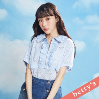betty’s貝蒂思(41)三角刺繡蕾絲荷葉邊立領拉鍊上衣(淺藍)