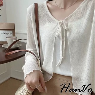 【HanVo】薄透蝴蝶結綁帶針織上衣 氣質簡約開衫防曬罩衫 韓系女裝 女生衣著 A07-4548