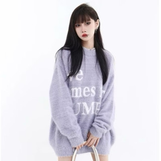 （二手）保暖毛衣 美式復古 羊毛 舒服 寬鬆 紫色 長袖上衣 大學T 英文字 針織