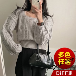 【DIFF】韓版燈籠袖方領麻花短版針織上衣 毛衣 短版上衣 長袖上衣 女裝 衣服 保暖上衣 冬裝 發熱衣【W545】