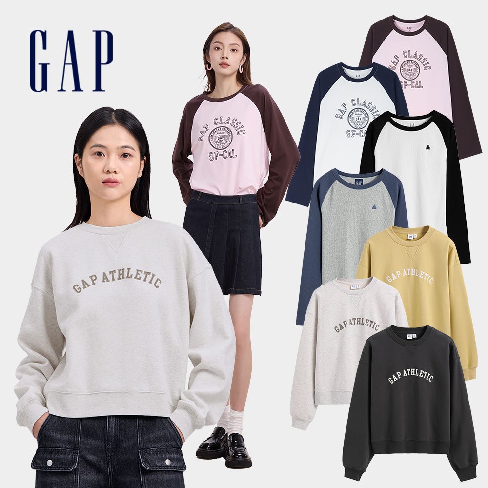 Gap 女裝 Logo純棉印花/刺繡刷毛 圓領長袖T恤/大學T-多款任選(640898&622781&634814)