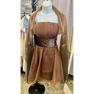 媽媽小姐新娘禮服洋裝 尺碼 2XL 咖啡金 平口胸抓褶腰緞面抓皺 後綁帶 下網紗澎群 送閃色披肩 歐美特別款