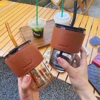 隨行玻璃杯 竹節玻璃杯 咖啡杯 ins簡約隨行杯 杯子 耐熱玻璃 防漏吸管杯 帶蓋玻璃杯 車載隨行杯 400ml
