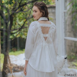 【OMUSES】假兩件美背蕾絲白色襯衫上衣12-30783