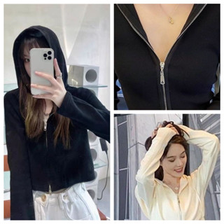 $免運$ 【coolgirl】螺紋針織開衫 設計感雙拉鏈 連帽短款外套 開衫上衣 長袖緊身外套 針織外套 純色針織衫