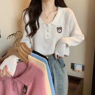 【JoysLu】刺繡小熊polo領長袖 針織衫女秋季設計感小眾毛衣寬鬆顯瘦短上衣 P11BA8