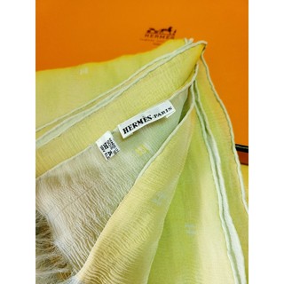 ~HERMES 100%silk 黃+灰雙色H刺繡70x170cm長圍巾