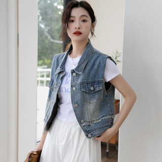 愛依依 牛仔馬甲 背心外套 短上衣 牛仔外套 S-XL夏季薄款短袖前長後短個性寬鬆顯瘦港風夾克柏A125-345