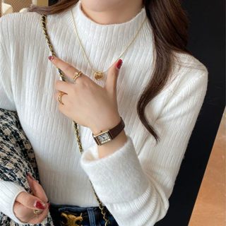 高領打底衫 保暖內搭 加絨加厚 秋冬加絨毛衣女打底衫半高領加厚保暖內搭一體水貂絨針織白色TBF07.10985