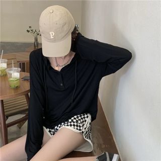 ✨優選大碼✨連帽薄款長袖 連帽T恤 韓版chic 連帽綁帶設計感 長袖T恤 秋季大碼150公斤 寬鬆外搭 ins上衣女