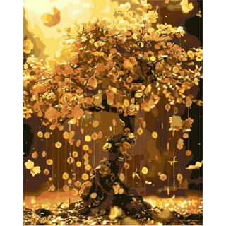 10新款現貨-黑金發財樹-配金色顏料【新一代畫布有背板】-40*50CM數字油畫/填色畫/丙烯油畫/輕奢畫-客廳裝飾畫
