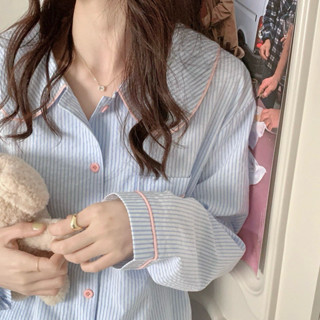 HWSP🏹臺灣現貨♡柔情夢境～韓國條紋純棉睡衣🩵純棉 條紋 睡衣 長袖 長褲 居家服 寶寶藍 韓國 粉色 滾邊