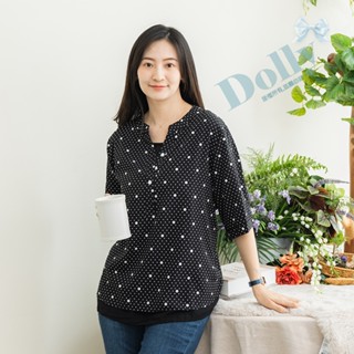 Dolly多莉大碼專賣店 特價 臺灣現貨 大尺碼大小圓點假2件式五分袖雪紡上衣(黑色)162