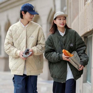𝒀𝒁𝒈𝒆𝒏 菱格紋 鋪棉保暖寬鬆棒球外套 冬季上衣 中長款 男生穿搭 日系穿搭 OVERSIZE 男 女