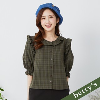 betty’s貝蒂思(35)格紋後抽繩翻領七分袖襯衫(深綠)