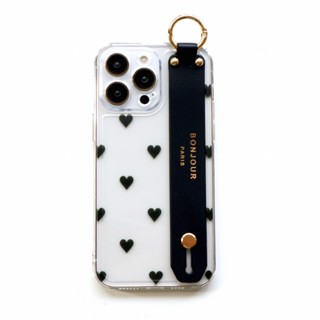品牌直營 RICHE iPhone16.15.14.13.12透明果凍黑色愛心手帶手機殼