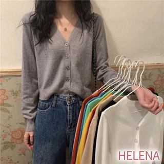 【Helena】氣質薄針織小外套 長袖上衣 毛衣 短版上衣 韓版素色V領排扣薄款顯瘦百搭針織罩衫 上衣女【A263】