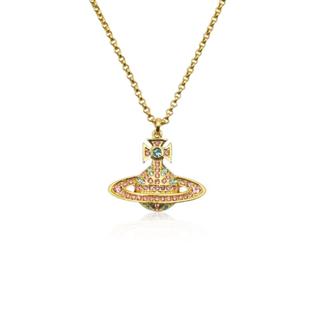 Vivienne Westwood Kika 海藍x淺粉雙拼色密鑲水晶土星吊墬項鍊 金色 6302039T-02R517