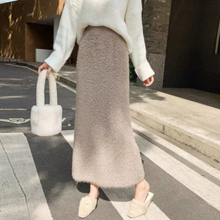現貨🎀Hanagirl 冬季❄️正韓 針織長裙 加厚仿貂毛中長款開叉半身裙 M021