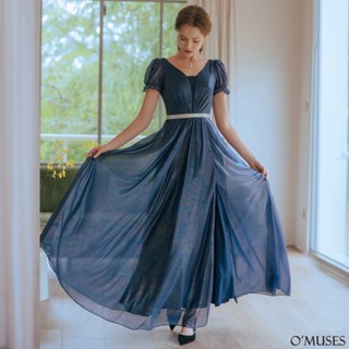 【OMUSES】手工V領蕾絲排鑽藍色長禮服19-03