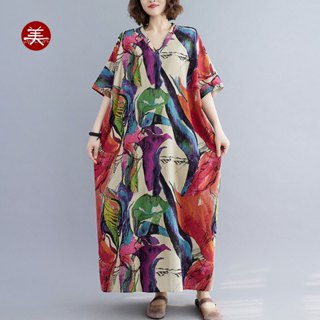 隔日到 YP 6820 短袖棉麻洋裝 連身裙 連衣裙 大尺碼女裝 春夏 寬鬆 阿美氏復古流行 民族風 硬挺
