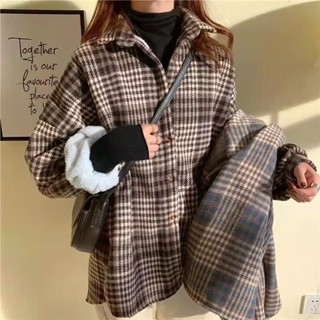 FUXI 內刷毛襯衫女 加絨加厚格子襯衫 長袖襯衫 襯衫外套 保暖襯衣 韓版寬鬆慵懶風襯衫外套 女裝 衣服
