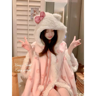 日式Kitty連帽珊瑚絨睡袍 秋冬季毛絨加厚斗篷 睡衣 家居服