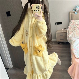 少女可愛烏薩奇連帽珊瑚絨睡衣女秋冬季新款加絨加厚睡袍居家睡裙