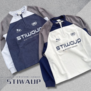 ［FJ select］STIWAUP 復古校園風 拉鍊長袖 麂皮 寬鬆 落肩 圓領 半拉鍊 長袖上衣 男生長袖 女上衣