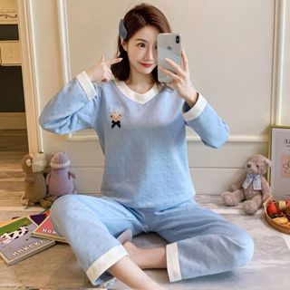 【簡美麗人】女士睡衣 秋冬加厚居家服 夾層空氣棉睡衣 女提花純色套頭睡衣 家居服套裝 可外穿長袖睡衣套裝 女生睡衣