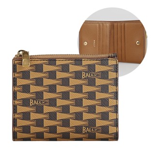 BALLY Pennant燙金LOGO三角錦旗印花PVC 6卡拉鍊釦式短夾(橡子棕x深褐x淺咖啡)