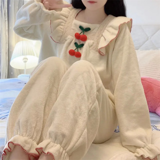 【簡美麗人】女士睡衣 甜美可愛櫻桃加厚睡衣 女冬季韓版家居服兩件套 公主風花邊居家服 寬松外穿套裝 女生睡衣