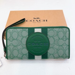 [小鄉衣櫃]過季展示品-C9073-COACH帆布拼皮對開拉鍊長夾-綠【美國outlet正品】