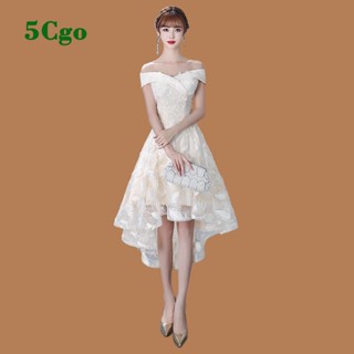 5Cgo.【鴿樓】小個子晚禮服女前短後長一字肩香檳色氣質小眾宴會主持人禮服成人禮洋裝t600871925865
