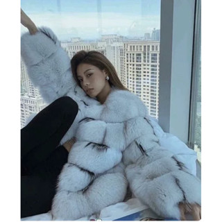 [ ohya梨花 ] =韓國帶回=最新秋冬性感白月光千金穿搭月亮狐貍毛豐盈手工編織真皮草造型短大衣外套
