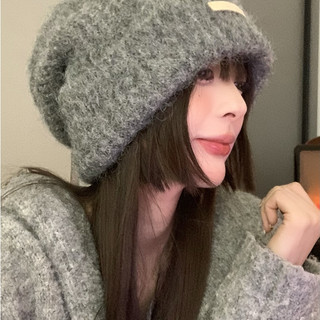 kiki｜含羊毛秋冬毛線堆堆帽 大頭圍針織帽子女 大頭圍顯臉小針織帽 保暖帽子 冬天帽子 護耳針織帽 保暖帽子