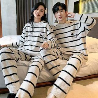 Lam 睡衣 居家服 珊瑚絨睡衣女 情侶睡衣 冬季 加絨加厚 保暖 條紋 可外穿 長袖長褲 卡通 半邊絨睡衣 家居服套裝