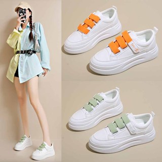 現貨✨免綁帶厚底小白鞋 魔術貼小白鞋女 魔鬼氈休閒鞋 橘色綠色鞋帶 運動休閒鞋 puppet story木偶女鞋