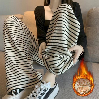 see 休閒褲女 運動褲 長褲 褲子女 闊腿褲 2024新款黑白條紋直筒褲子女加絨加厚高腰顯瘦百搭闊腿休閑褲秋冬