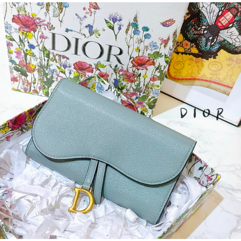 二手旗艦 Dior 迪奧 霧霾藍色 皮革 掀蓋 馬鞍 皮夾 長夾(中友店)