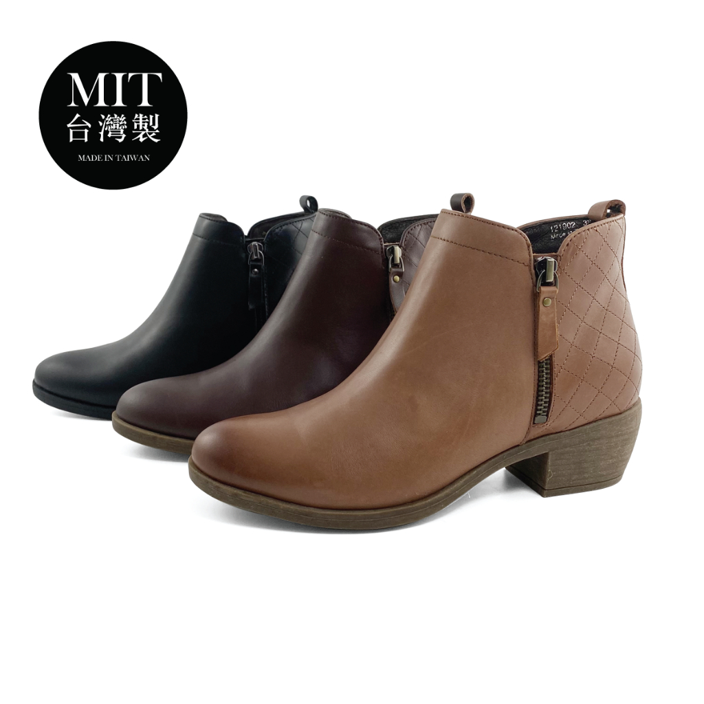 Ea專櫃真皮女鞋 台灣MIT 格紋柔軟牛皮圓頭短靴 (淺咖) (咖啡) (黑)121902