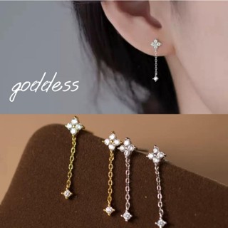 goddess飾品💜925純銀耳環 鑲鑽四葉草流蘇耳環 耳線 耳釘 女耳環 耳針 抗過敏耳環 耳飾 純銀耳針