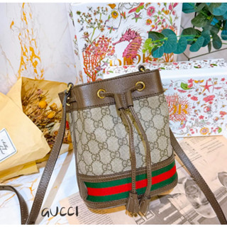 二手旗艦 GUCCI 咖啡色 Ophidia 綠紅織帶 MIN 水桶 斜揹包(中友店)