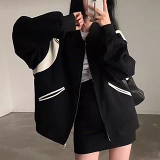 （臺灣熱銷）韓款 女生大尺碼寬鬆衛衣 外套 大學t 開衫 美式複古圓領撞色拼接棒球服 衛衣 加絨外套 寬鬆顯瘦拉鏈衛衣