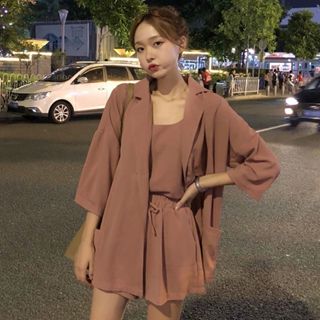 【現*貨】Plump /90kg內可穿/三件式套裝/韓版/寬鬆/小可愛/短褲/西裝外套/素面/舒適/大尺碼