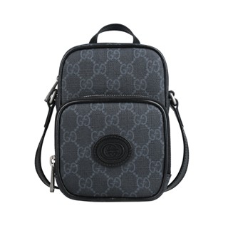 GUCCI RETRO橢圓皮標雙G LOGO滿版印花設計塗層帆布邊飾牛皮拉鍊手提斜揹包(迷你/黑灰)