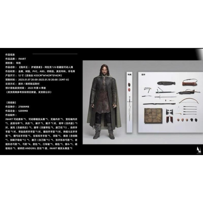 全新未拆 Queen Studio INART 亞拉岡 植髮 高級版 魔戒 指環王 非 甘道夫 索林